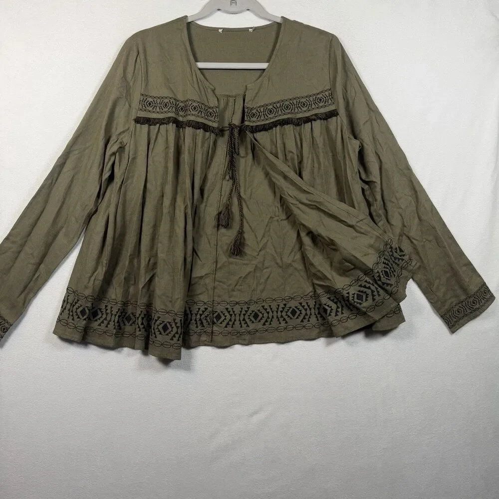 Boho Olive Green Embroidered Tassel Tie Blouse Peasant Top Fringe Festival